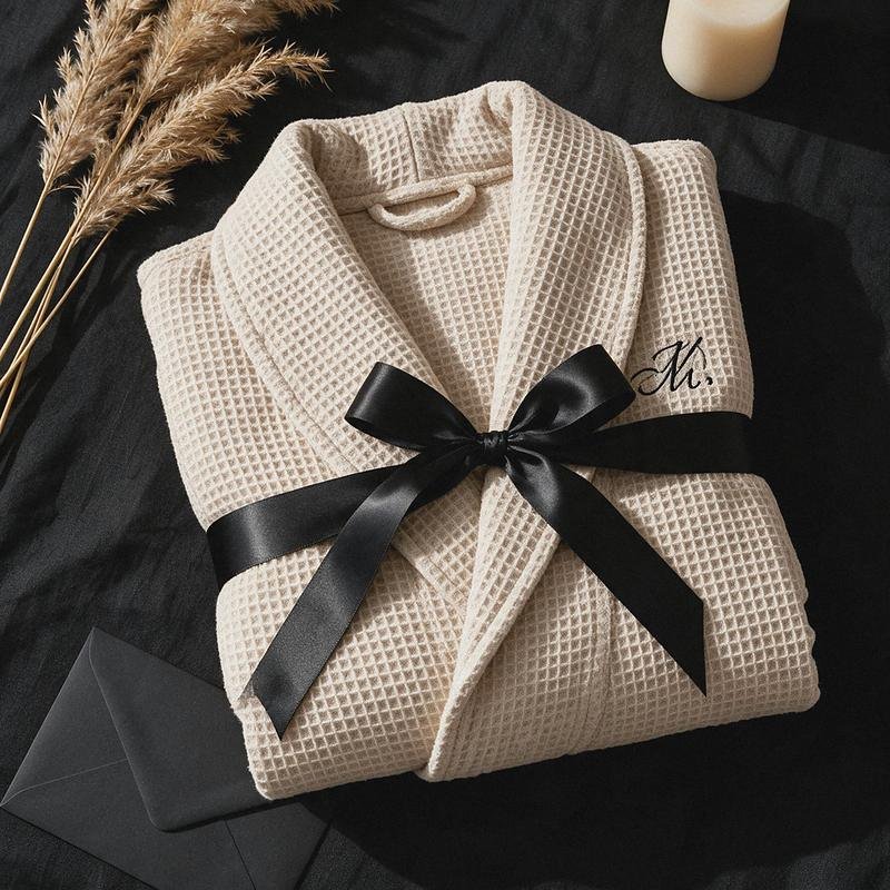 Peignoir nid d'abeille plié avec ruban noir et initiale brodée, pampa et bougie