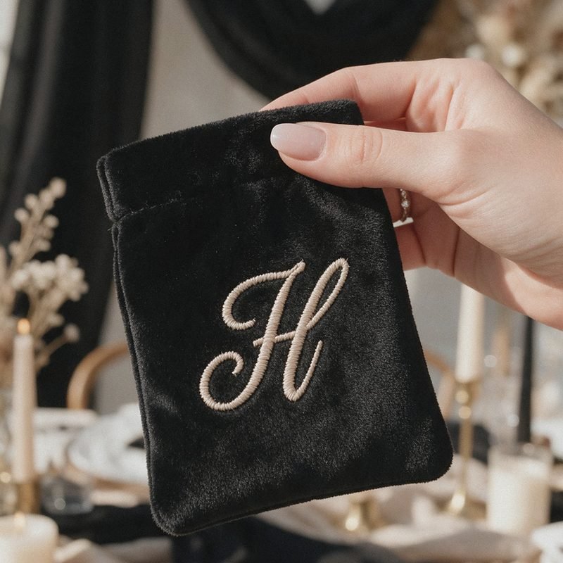 Pochette en velours noir brodée d'une initiale beige, tenue en main