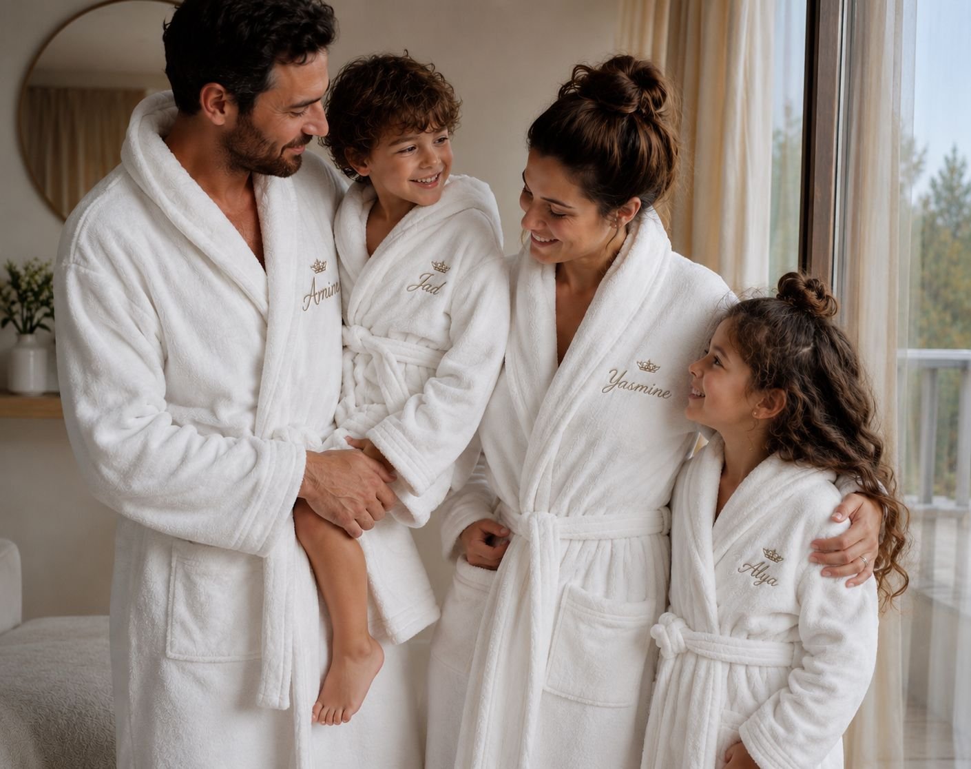 Famille en peignoirs de bain blancs brodés au prénom, OMALAMISE