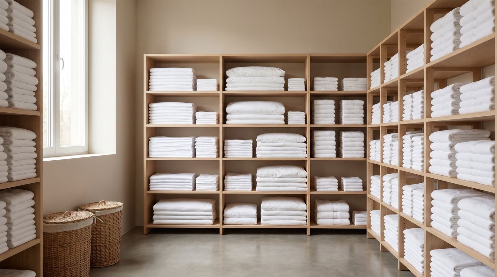 Lingerie d'hôtel avec des étagères de linge blanc plié