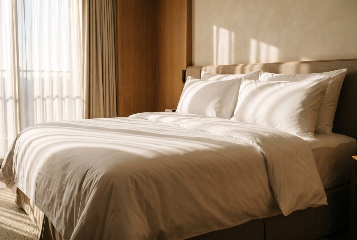 Lit d'hôtel fait avec du linge de lit en percale