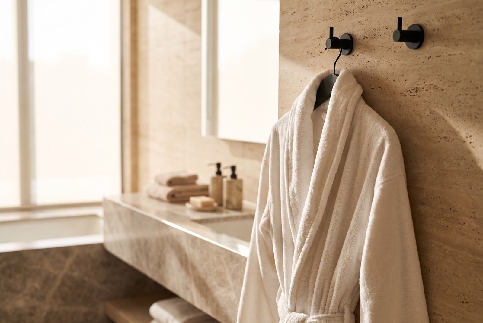 Peignoir d'hôtel blanc suspendu dans une salle de bain en pierre claire
