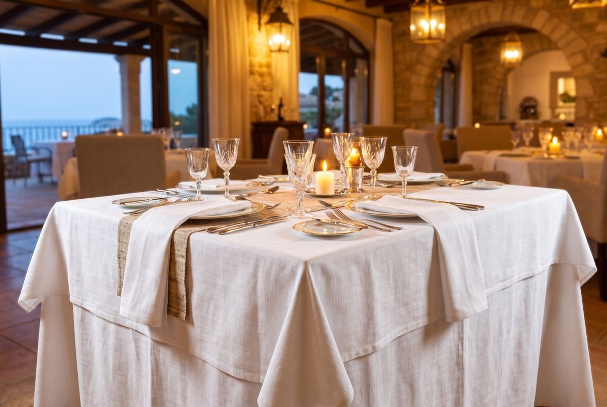 Table de restaurant dressée avec une nappe et des serviettes en tissu